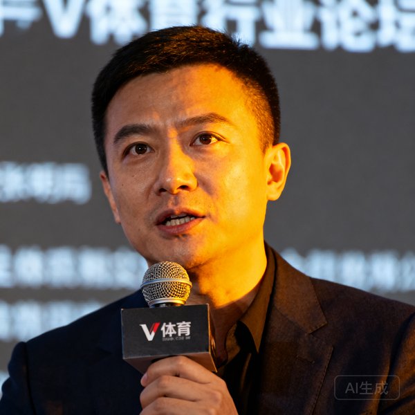 V体育创始人张明远身着深色西装在行业论坛上演讲的近景肖像照