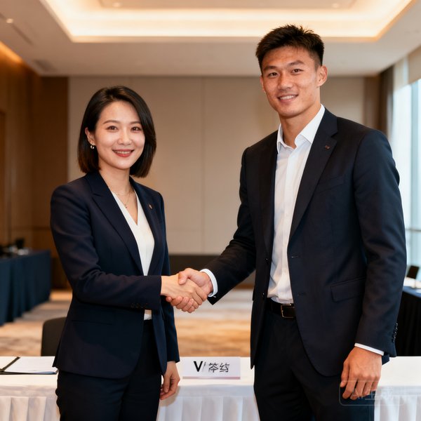 V体育运动员经纪总监林若琪在签约仪式上与运动员握手的职业形象照