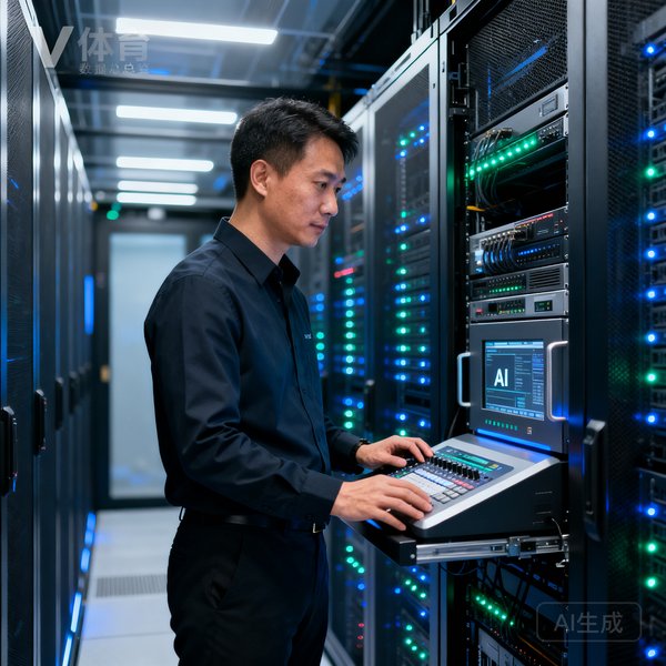 V体育技术总监陈志豪在服务器机房检查AI数据引擎运行状态的半身肖像